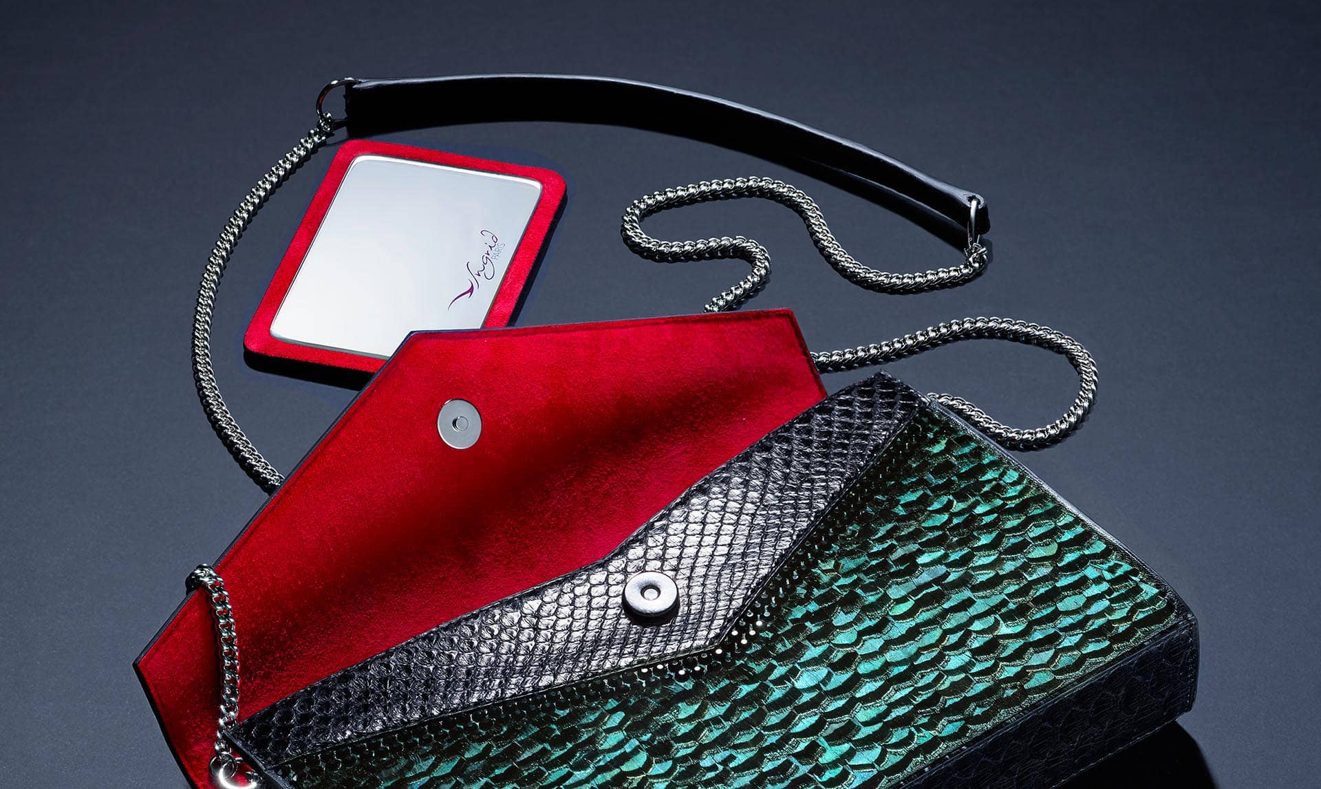 Pochette haute couture Esmeralda + miroir Ingrid Paris 